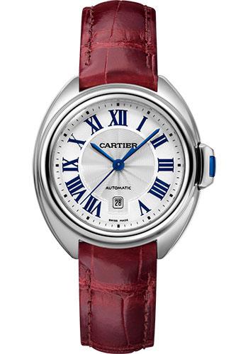 Cartier Cle de Cartier Watch - 31 mm Steel Case - Silvered Dial - Bordeaux Alligator Strap - WSCL0016 - Luxury Time NYC