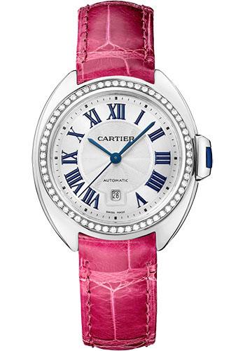 Cartier Cle de Cartier Watch - 31 mm White Gold Diamond Case - White Dial - Fuchsia Pink Alligator Strap - WJCL0050 - Luxury Time NYC