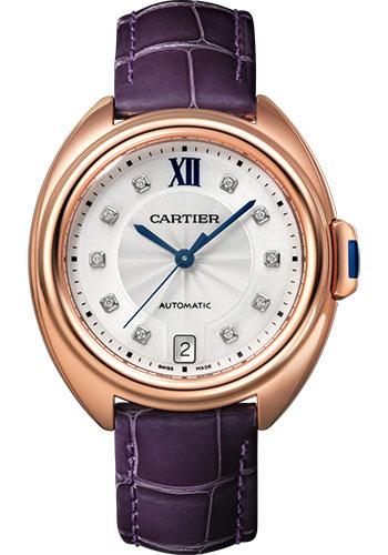 Cartier Cle de Cartier Watch - 35 mm Pink Gold Case - Silvered Flinque Diamond Dial - Aubergine Alligator Strap - WJCL0032 - Luxury Time NYC