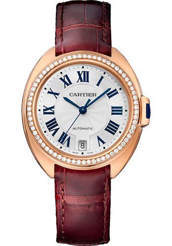 Cartier Cle De Cartier Watch - 35 mm Pink Gold Diamond Case - Diamond Bezel - Silver Dial - Bordeaux Alligator Strap - WJCL0013 - Luxury Time NYC