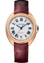 Load image into Gallery viewer, Cartier Cle De Cartier Watch - 35 mm Pink Gold Diamond Case - Diamond Bezel - Silver Dial - Bordeaux Alligator Strap - WJCL0013 - Luxury Time NYC