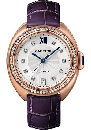 Cartier Cle de Cartier Watch - 35 mm Pink Gold Diamond Case - Diamond Bezel - Silvered Flinque Dial - Aubergine Alligator Strap - WJCL0039 - Luxury Time NYC