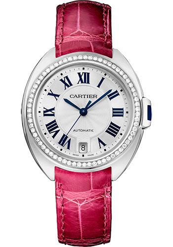 Cartier Cle De Cartier Watch - 35 mm White Gold Diamond Case - Diamond Bezel - Silver Dial - Fuchsia Pink Alligator Strap - WJCL0014 - Luxury Time NYC