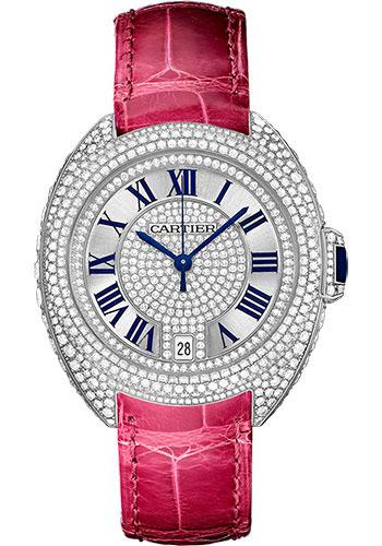 Cartier Cle De Cartier Watch - 35 mm White Gold Diamond Case - Diamond Bezel - Silver Diamond Dial - Fuchsia Pink Alligator Strap - WJCL0018 - Luxury Time NYC