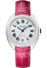 Load image into Gallery viewer, Cartier Cle de Cartier Watch - 35 mm White Gold Diamond Case - White Dial - Fuchsia Pink Alligator Strap - WJCL0049 - Luxury Time NYC