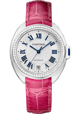 Cartier Cle de Cartier Watch - 35 mm White Gold Diamond Case - White Dial - Fuchsia Pink Alligator Strap - WJCL0049 - Luxury Time NYC
