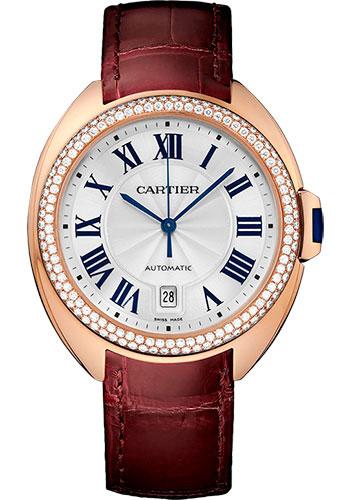 Cartier Cle De Cartier Watch - 40 mm Pink Gold Diamond Case - Diamond Bezel - Silver Dial - Bordeaux Alligator Strap - WJCL0012 - Luxury Time NYC