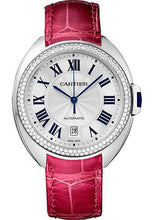 Load image into Gallery viewer, Cartier Cle De Cartier Watch - 40 mm White Gold Diamond Case - Diamond Bezel - Silver Dial - Fuchsia Pink Alligator Strap - WJCL0011 - Luxury Time NYC
