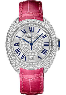 Cartier Cle De Diamond Paved Cartier Watch - 40 mm White Gold Diamond Case - Diamond Bezel - Silver Dial - Fuchsia Pink Alligator Strap - WJCL0019 - Luxury Time NYC