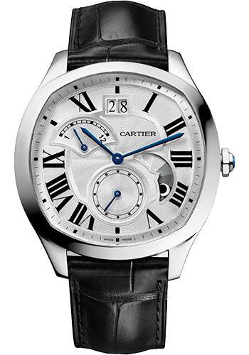 Cartier Drive de Cartier Large Date Retrograde Second Time Zone And Day Night Indicator Watch - 40 mm x 41 mm Steel Case - Silvered Dial - Black Alligator Strap - WSNM0016 - Luxury Time NYC