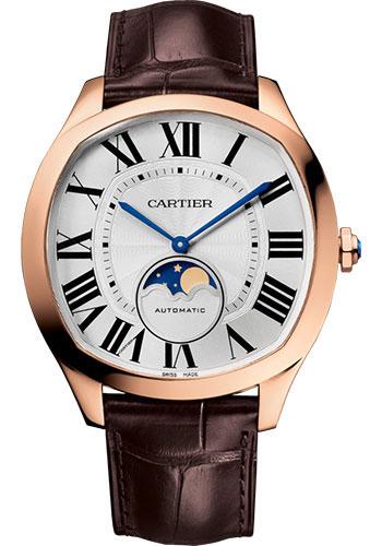 Cartier Drive de Cartier Moon Phases Watch - 40 mm Pink Gold Case - Silvered Dial - Brown Alligator Strap - WGNM0008 - Luxury Time NYC