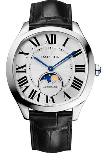 Cartier Drive de Cartier Moon Phases Watch - 40 mm Steel Case - Silvered Dial - Black Alligator Strap - WSNM0008 - Luxury Time NYC