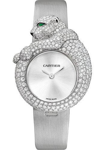 Cartier Feline de Cartier Watch - 43 mm White Gold Diamond Case - Light Gray Fabric Strap - HPI00341 - Luxury Time NYC