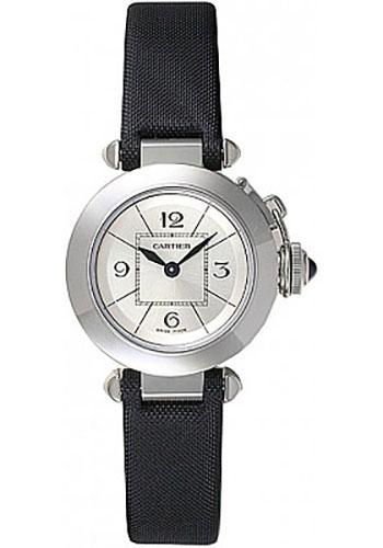 Cartier Miss Pasha Watch - 27 mm Steel Case - Silvered Dial - Toile De Moire Strap - W3140025 - Luxury Time NYC