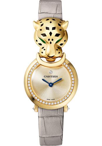 Cartier Panthere de Cartier Watch - 22 mm Yellow Gold Diamond Case - Gold Dial - Gray Leather Strap - HPI01297 - Luxury Time NYC