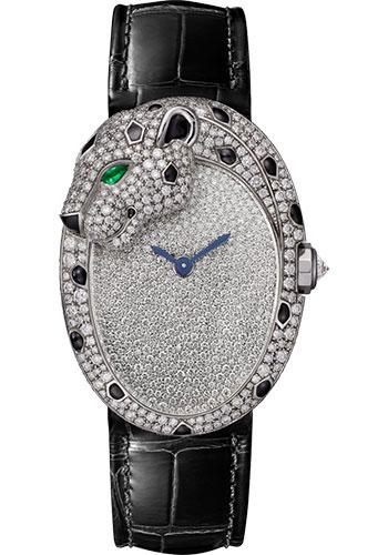 Cartier Panthere Lovee Watch - White Gold Diamond Case - Diamond-Set Shagreen Dial - Black Alligator Strap - HPI01352 - Luxury Time NYC