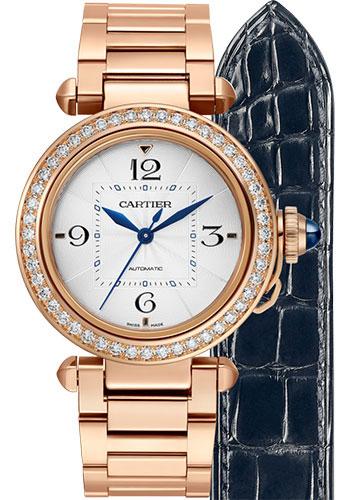Cartier Pasha de Cartier Watch - 35 mm Pink Gold Case - Silver Dial - Bracelet - Second Navy Blue Alligator Strap - WJPA0013 - Luxury Time NYC