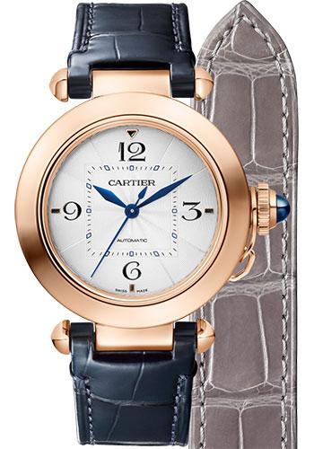 Cartier Pasha de Cartier Watch - 35 mm Pink Gold Case - Silver Dial - Navy Blue And Gray Alligator Straps - WGPA0014 - Luxury Time NYC
