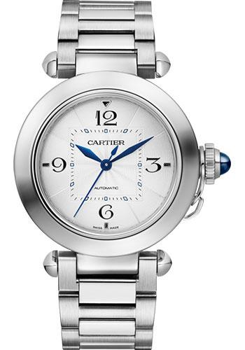 Cartier Pasha de Cartier Watch - 35 mm Steel Case - Silver Dial - Bracelet - Second Navy Alligator Strap - WSPA0013 - Luxury Time NYC