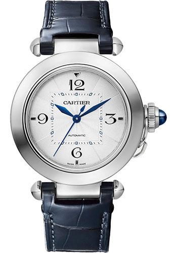 Cartier Pasha de Cartier Watch - 35 mm Steel Case - Silvered Dial - Alligator Straps - WSPA0012 - Luxury Time NYC