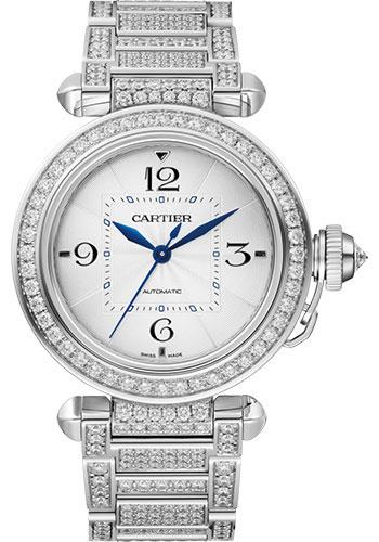 Cartier Pasha de Cartier Watch - 35 mm White Gold Case - Silver Dial - Diamond Bracelet - WJPA0014 - Luxury Time NYC
