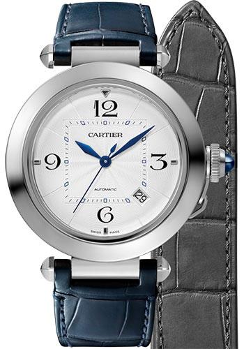 Cartier Pasha de Cartier Watch - 41 mm Steel Case - Silver Dial - Dark Gray And Navy Alligator Straps - WSPA0010 - Luxury Time NYC