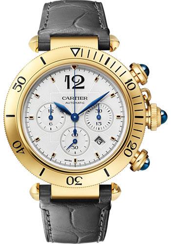 Cartier Pasha de Cartier Watch - 41 mm Yellow Gold Case - Silvered Dial - Dark Gray Leather Strap - WGPA0017 - Luxury Time NYC