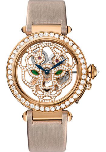 Cartier Pasha Skeleton Watch - 42 mm Pink Gold Diamond Case - Pink Gold Dial - Brown Fabric Strap - HPI00508 - Luxury Time NYC