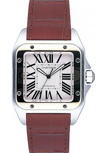 Cartier Santos 100 Watch - Large Steel and Gold Case - Alligator Strap - W20072X7 - Luxury Time NYC