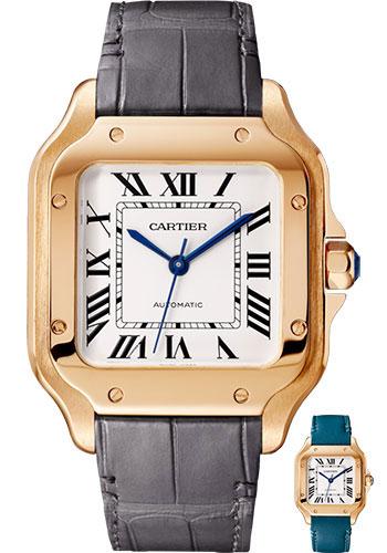 Cartier Santos de Cartier Watch - 35.1 mm Pink Gold Case - Silvered Dial - Dark Grey Alligator Strap - Quickswitch Bracelet - WGSA0012 - Luxury Time NYC