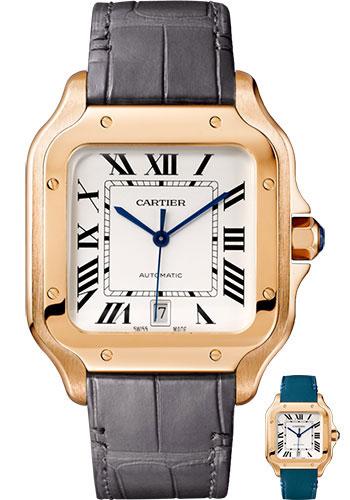 Cartier Santos de Cartier Watch - 39.8 mm Pink Gold Case - Silvered Dial - Dark Grey Alligator Strap - Quickswitch Bracelet - WGSA0011 - Luxury Time NYC