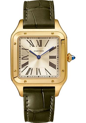 Cartier Santos-Dumont ‚ÄúLa Baladeuse‚Äù Watch - 43.5 mm x 31.4 mm Yellow Gold Case - Champagne Dial - Green Patina Leather Strap - WGSA0027 - Luxury Time NYC