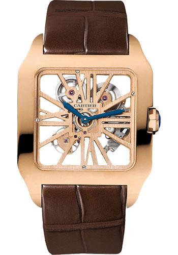 Cartier Santos-Dumont Skeleton Watch - 38.7 x 47.4 mm Pink Gold Case - Silver Dial - Brown Alligator Strap - W2020057 - Luxury Time NYC