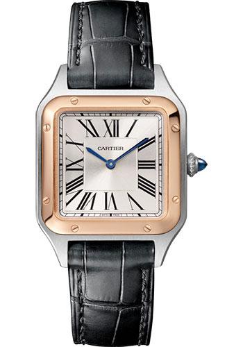 Cartier Santos-Dumont Watch - 38 mm Pink Gold And Steel Case - Silver Dial - Black Strap - W2SA0012 - Luxury Time NYC