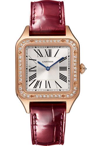 Cartier Santos-Dumont Watch - 38 mm x 27.5 mm Pink Gold Case - Silver Satin-Brushed Dial - Burgundy Leather Strap - WJSA0017 - Luxury Time NYC