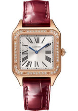 Load image into Gallery viewer, Cartier Santos-Dumont Watch - 38 mm x 27.5 mm Pink Gold Case - Silver Satin-Brushed Dial - Burgundy Leather Strap - WJSA0017 - Luxury Time NYC