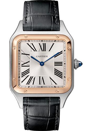 Cartier Santos-Dumont Watch - 43.5 mm Pink Gold And Steel Case - Silver Dial - Black Strap - W2SA0011 - Luxury Time NYC