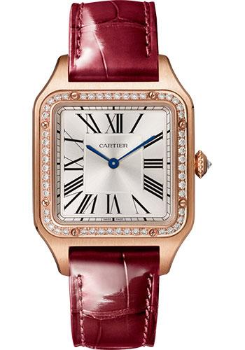 Cartier Santos-Dumont Watch - 43.5 mm x 31.4 mm Pink Gold Case - Silver Satin-Brushed Dial - Bordeaux Leather Strap - WJSA0016 - Luxury Time NYC