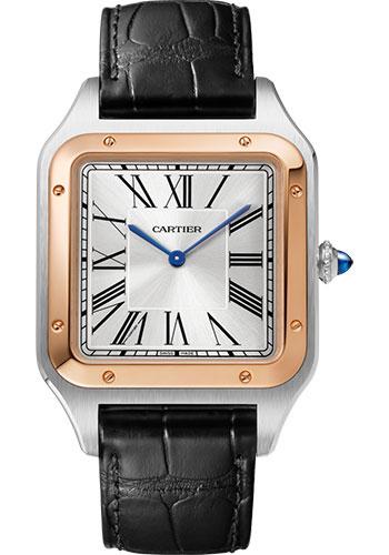Cartier Santos-Dumont Watch - 46.6 mm x 33.9 mm Steel Case - Pink Gold Bezel - Silver Dial - Black Leather Strap - W2SA0017 - Luxury Time NYC