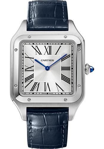 Cartier Santos-Dumont Watch - 46.6 mm x 33.9 mm Steel Case - Silver Dial - Navy Blue Leather Strap - WSSA0032 - Luxury Time NYC