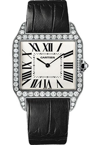 Cartier Santos Dumont Watch - Large White Gold Diamond Case - Silver Grained Dial - Alligator Strap - WH100651 - Luxury Time NYC
