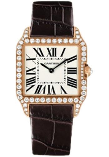 Cartier Santos-Dumont Watch - Small Pink Gold Diamond Case - Silver Dial - Alligator Strap - WH100351 - Luxury Time NYC