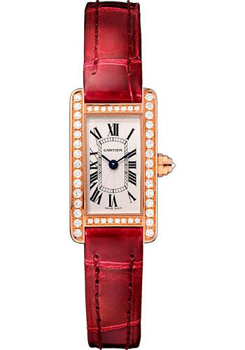 Cartier Tank Americaine Watch - 27 mm Pink Gold Diamond Case - Diamond Bezel - Diamond Dial - Red Strap - WB710014 - Luxury Time NYC