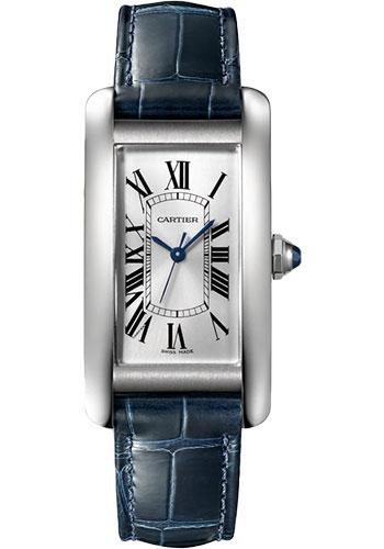 Cartier Tank Americaine Watch - 41.60 mm x 22.60 mm Steel Case - Silver Dial - Navy Blue Leather Strap - WSTA0044 - Luxury Time NYC