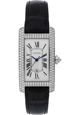 Cartier Tank Americaine Watch - Medium White Gold Diamond Case - Alligator Strap - WB710002 - Luxury Time NYC