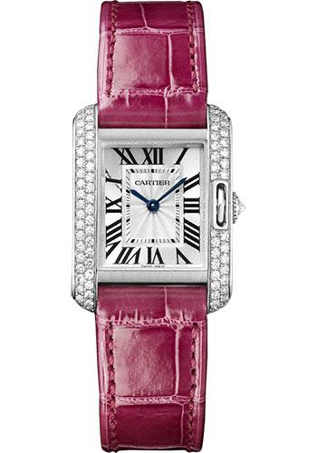Cartier Tank Anglaise Watch - 30.2 mm White Gold Diamond Case - Silvered Dial - Fuschia Alligator Strap - WT100015 - Luxury Time NYC