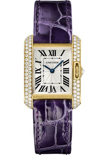 Cartier Tank Anglaise Watch - 30.2 mm Yellow Gold Diamond Case - Silvered Dial - Aubergine Alligator Strap - WT100014 - Luxury Time NYC