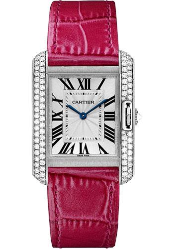 Cartier Tank Anglaise Watch - 34.7 mm White Gold Rodium Diamond Case - Silvered Flinque Dial - Fuchsia Pink Alligator Strap - WT100030 - Luxury Time NYC