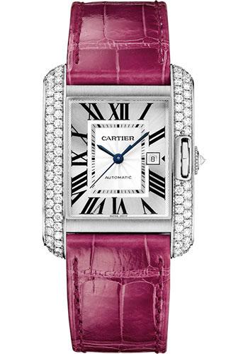 Cartier Tank Anglaise Watch - 39.2 mm White Gold Diamond Case - Silvered Dial - Fuschia Alligator Strap - WT100018 - Luxury Time NYC
