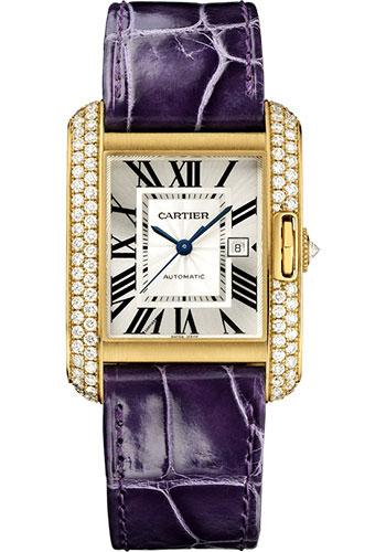 Cartier Tank Anglaise Watch - 39.2 mm Yellow Gold Diamond Case - Silvered Dial - Aubergine Alligator Strap - WT100017 - Luxury Time NYC